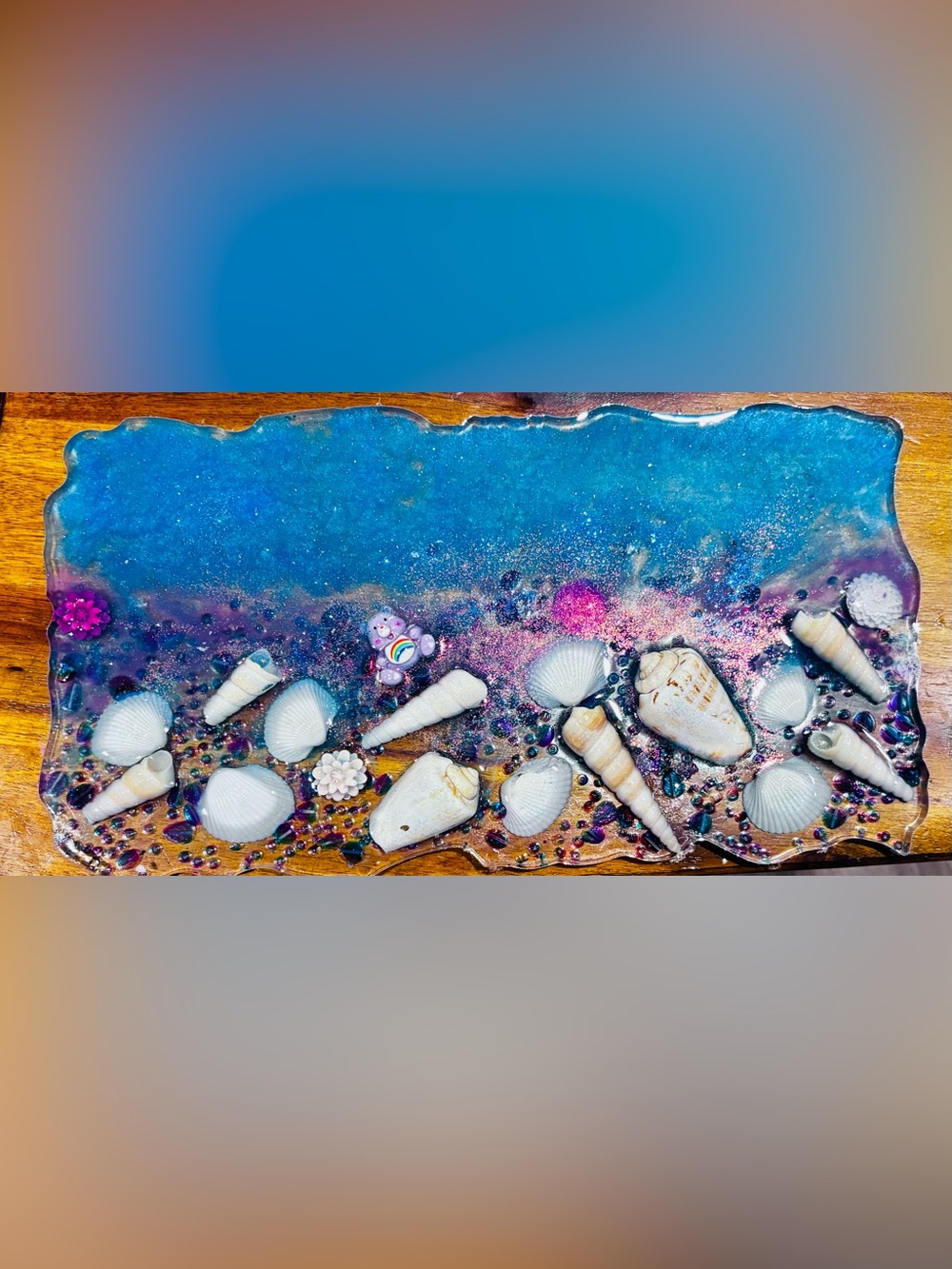 Handcrafted Ocean Shell Resin Art Tray in Blue and Purple